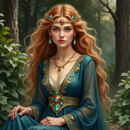 Prompt: Bathed in soft, dappled sunlight filtering through a lush forest, a striking young woman stands with an air of regal elegance. Her long, flowing hair, rich in vibrant shades of auburn, cascades in soft waves over her shoulders, adorned with a delicate golden headpiece that adds a touch of royalty. She wears an exquisite gown of deep blue, richly embroidered with intricate gold patterns, which accentuate her graceful figure and feature a large, colorful gem at the neckline. Her large, expressive blue eyes reflect a blend of curiosity and serenity, while the rich greens and browns of the forest backdrop create a harmonious contrast, enhancing the magical ambiance of the moment. The scene exudes a fairy-tale quality, inviting the viewer into a world of enchantment and possibility.