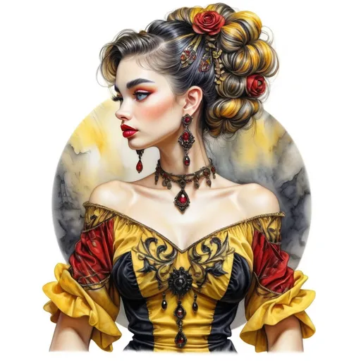 Prompt: <mymodel> beautiful woman, hair pinned up, yellow red black dress, earrings, Watercolor, trending on artstation, sharp focus, studio photo, intricate details, highly detailed, by  Josephine Wall and Jasmine Becket-Griffith