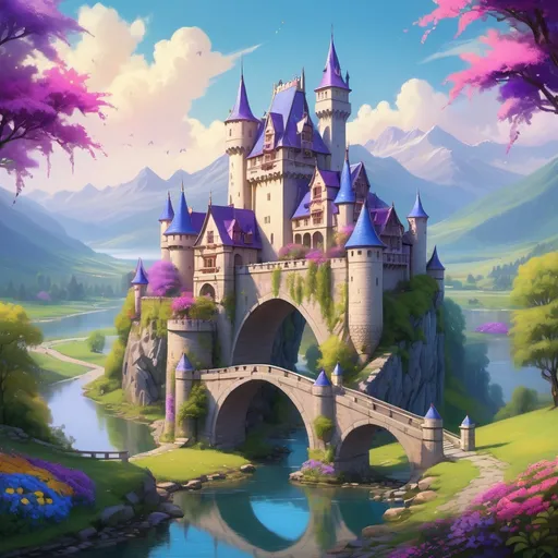Prompt: A majestic castle dominates the landscape, its tall towers topped with vibrant blue roofs and adorned with elegant turrets, set against a backdrop of softly rolling mountains. The scene is rich with lush greenery and blooming flowers, vividly colored in shades of purple, pink, and yellow, creating a fairytale-like atmosphere. A graceful stone bridge arches over a serene river that mirrors the splendid castle and the cloud-specked blue sky overhead. This enchanting setting bathed in warm, golden light invites a sense of wonder and tranquility, as a solitary figure crosses the bridge, adding a hint of life to this idyllic realm. The overall composition exudes a magical narrative, reminiscent of classic tales of adventure and fantasy.