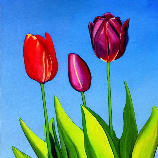 Prompt: Painting of tulips in sunlight light blue sky