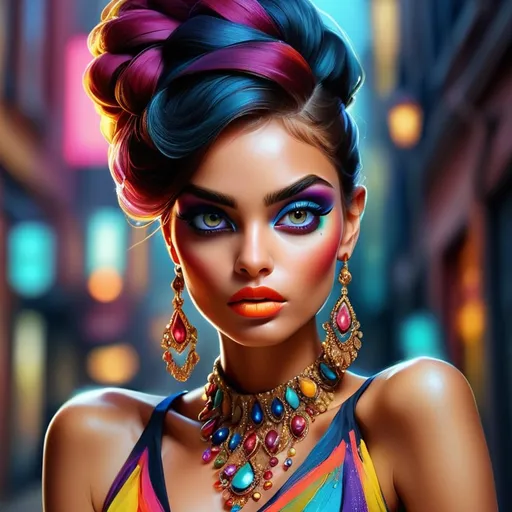 Prompt: digital painting, dramatic colourful makeup, high fashion, intense gaze, realistic portrayal, vibrant colors, detailed features, highres, professional, dramatic, realistic, digital painting, intense gaze, vibrant colors, detailed features, high fashion, glamorous lighting