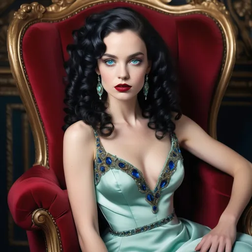 Prompt: Seated gracefully in an opulent, deep red armchair adorned with plush upholstery, a striking woman exudes elegance and poise. Her long, lustrous black curls cascade down her shoulders, framing a visage marked by dramatic blue eyes and bold crimson lips, creating a captivating contrast against her soft, mint-green gown. The dress features intricate beadwork along the neckline and waist, enhancing her sophisticated allure, while a bouquet of vibrant red roses rests beside her, adding a touch of romance to the scene. The rich wooden backdrop and luxurious setting evoke an atmosphere of timeless glamour, enveloping the viewer in an enchanting narrative of beauty and grace. The lighting is warm and inviting, casting gentle shadows that highlight her delicate features and the sumptuous textures surrounding her.