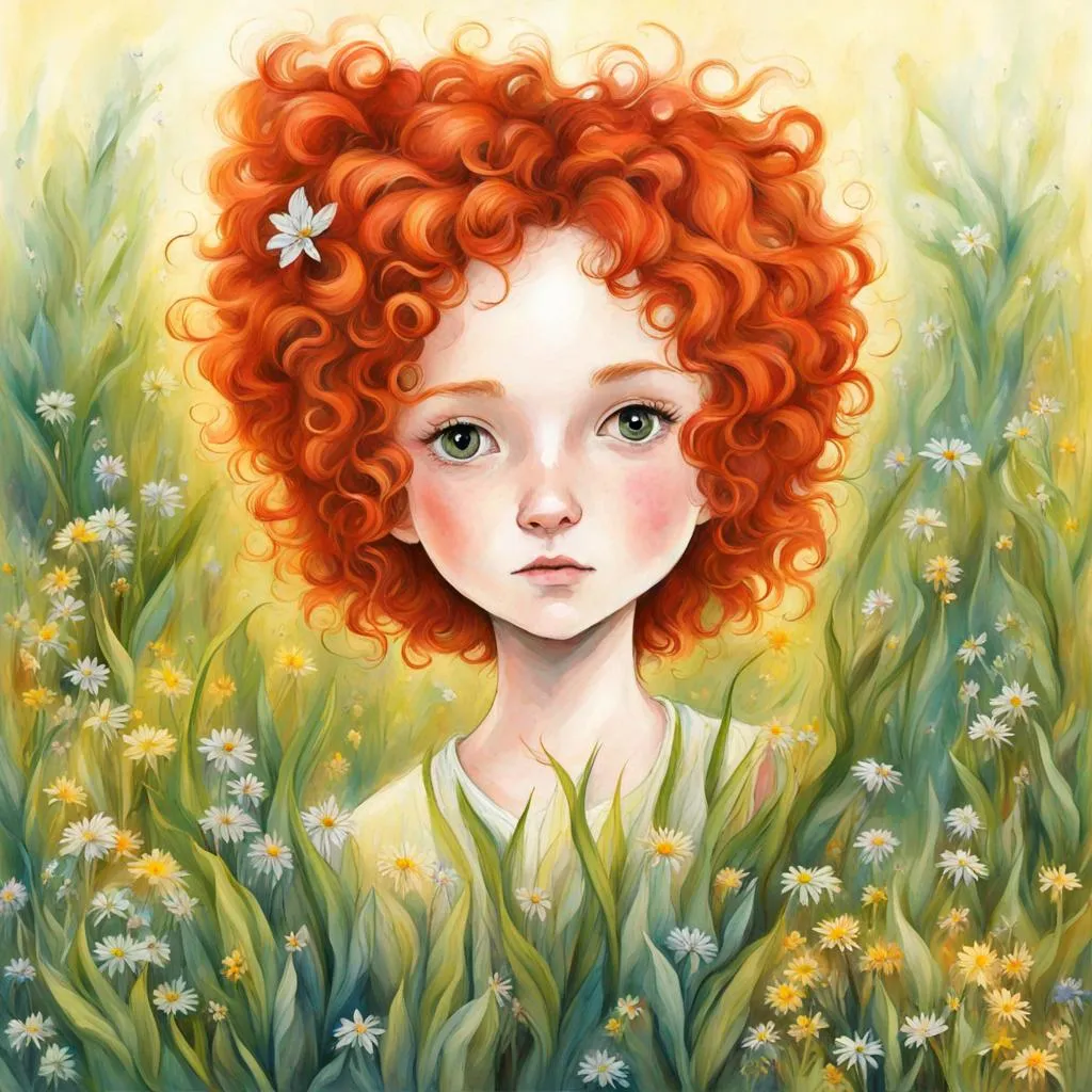 Prompt: ginger haired girl, wildflowers