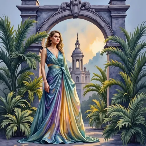 Prompt: Visualize a striking scene featuring a woman draped in an elegant, flowing gown that captures the light with iridescent colors, reflecting hues of deep emerald, sapphire, and rich gold. She stands confidently amidst a backdrop of opulent décor, surrounded by lush, tropical plants that vibrate with life and intensity. The setting is illuminated by a warm, golden glow, casting intricate shadows that dance across the ornate walls. The atmosphere is lush and inviting, evoking a sense of luxury and richness. Her expression is one of self-assured grace, with a subtle smile that conveys intrigue and charm. This glamorous portrait is styled in an ads-luxury aesthetic, highlighting the beauty and vibrancy of color, creating a captivating visual narrative.