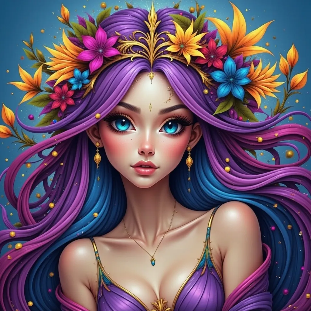 Prompt: a woman with purple hair wearing a crown and flowers on her head, with a blue background and a blue background, Charlie Bowater, fantasy art, highly detailed digital painting, a detailed painting