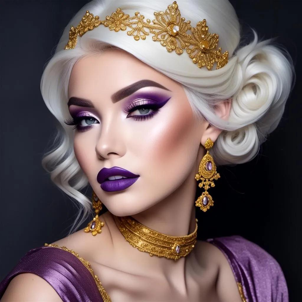 Prompt: <mymodel>Hypnotic bimbo  platinum  blonde   gold lips and purple eyeshadow 