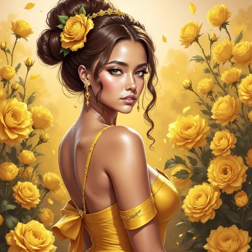 Prompt: a beautiful woman in a yellow dress surrounded by yellow flowers illustration by alex vasquel, via art com, Anne Stokes, fantasy art, highly detailed digital painting, a digital painting