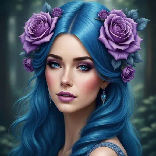 Prompt: peacock fairy goddess, purple roses, facial closeup