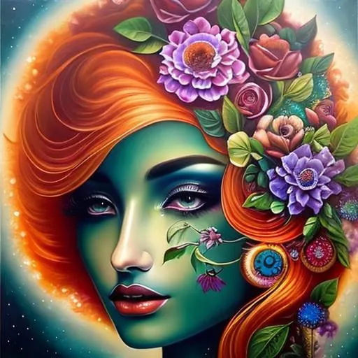 Prompt: Beautiful  hybrid woman with flowers sprouting from her, oil painting, detailed fiery eyes, ethereal glow, dark and mysterious, high quality, vibrant colors, surreal, haunting, intricate floral details, intense gaze, mystical atmosphere, oil painting, demon, hybrid, fiery eyes, ethereal, vibrant colors, surreal, haunting, floral details, intense gaze, mystical atmosphere