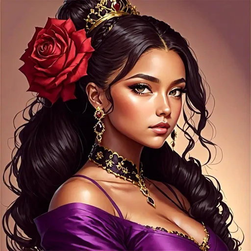 Prompt: <mymodel>Beautiful and Gorgeous woman, purple roses in hair