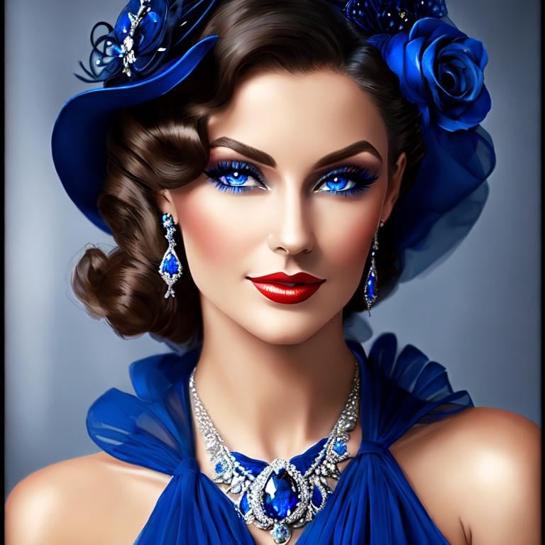 Prompt: <mymodel>Glamorously dressed lady of rhe 1930's wearing sapphire jewelry,blue eyes