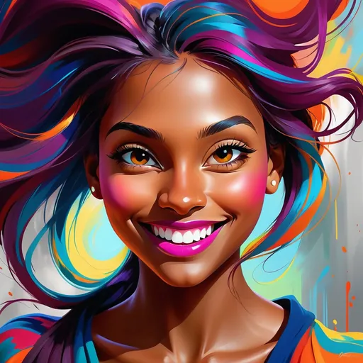 Prompt: Young lady in vibrant, colorful, digital painting, long flowing hair, radiant smile, dynamic and energetic, high quality, digital art, vibrant colors, expressive portrait, energetic, joyful, vivid hues, lively, professional lighting