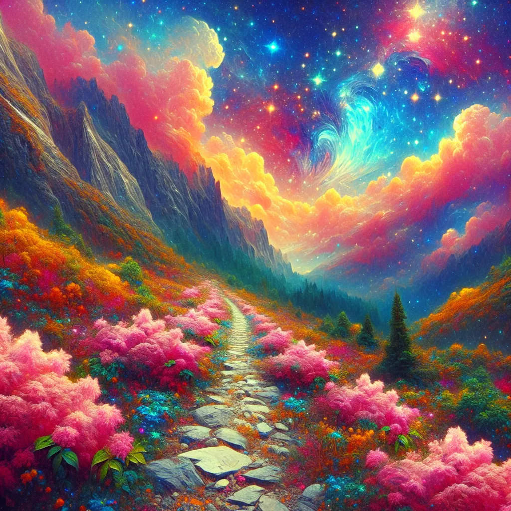 Prompt: a  quirky, colorful painting of a pathway leading to a star filled sky with pink flowers and trees on the side of a mountain, Chris LaBrooy, fantasy art, fantasy artwork, an oil painting