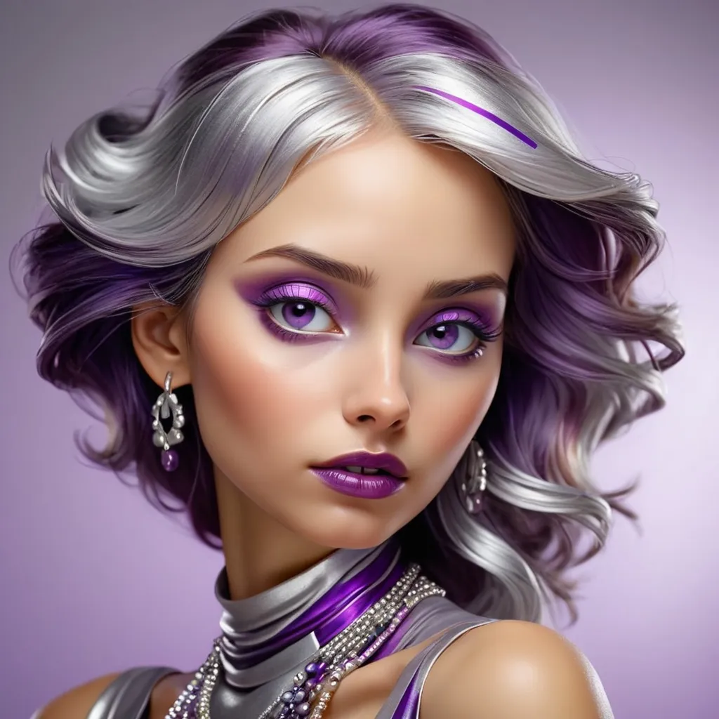 Prompt: Woman in colors of silver and purple