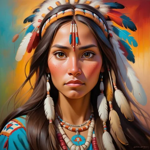 Prompt: Beautiful Native American princess, oil painting, traditional attire, flowing long hair, serene expression, vibrant colors, high quality, realistic, traditional, warm tones, soft lighting