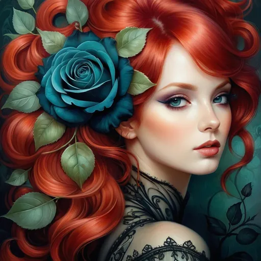 Prompt: <mymodel> a woman with red hair and a rose in her hair is shown in this painting of a woman with red hair and a rose in her hair, Anna Dittmann, gothic art, highly detailed digital painting, a detailed painting