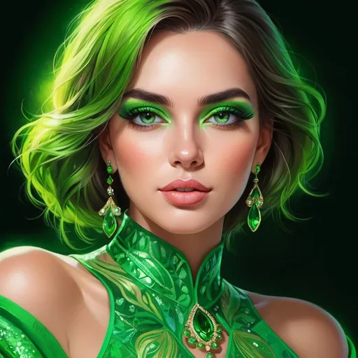 Prompt: <mymodel>Detailed illustration of a woman in vibrant green attire, large vivid green eyes, elegant makeup, digital painting, high resolution, realistic style, vibrant green, professional lighting