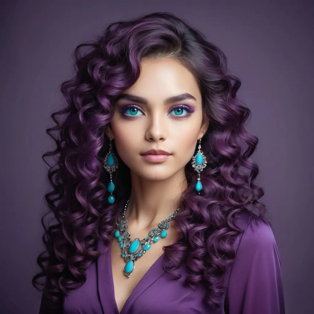 Prompt: <mymodel>An extremely gorgeous woman,  with turquoise jewels, in color scheme of purple, long curly hair