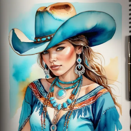 Prompt: <mymodel> Watercolor and pen sketch of a young woman in southwestern style, turquoise jewelry, cowboy hat, flowing attire, intricate details, vibrant colors, high quality, southwest art, watercolor, pen sketch, detailed jewelry, flowing attire, vibrant colors, beautiful woman, high quality imagery, professional, atmospheric lighting