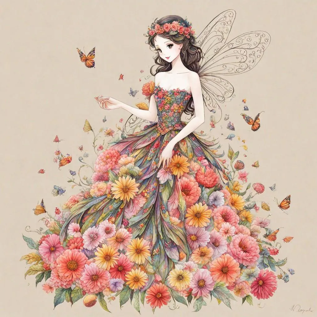 Prompt: a fairy with a dress made of flowers
