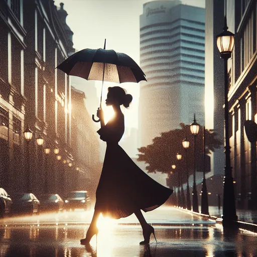 Prompt: An elegant lady walking down the  street holding an umbrella in the rain