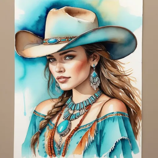 Prompt: <mymodel> Watercolor and pen sketch of a young woman in southwestern style, turquoise jewelry, cowboy hat, flowing attire, intricate details, vibrant colors, high quality, southwest art, watercolor, pen sketch, detailed jewelry, flowing attire, vibrant colors, beautiful woman, high quality imagery, professional, atmospheric lighting