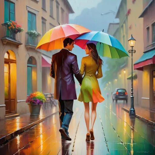 Prompt: Couple sharing umbrella in vibrant colors, oil painting, raindrops splashing, high quality, impressionism, lively brushstrokes, dynamic composition, vibrant colors, romantic atmosphere, warm and soft lighting