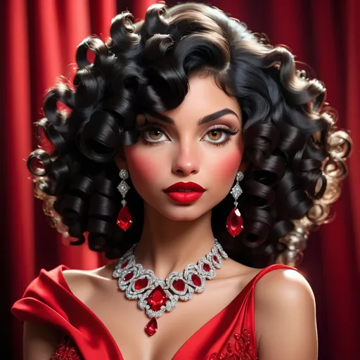 Prompt: Facial close-up of a woman with curly black hair, vibrant red lips, wearing a luxurious red dress, adorned with sparkling ruby jewelry, high-quality, detailed, glamour, portrait, elegant, luxurious, curly hair, red lips, red dress, ruby jewelry, high-res, detailed features