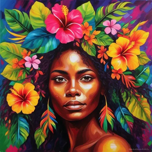 Prompt: <mymodel> Painting of the portrait of a pretty Melanesian woman, wearing cocontractant leaves crown and hibiscus flowers on her left ear. She has long thick afro hair, a black skin and she is surrounded by tropical nature and flowers.