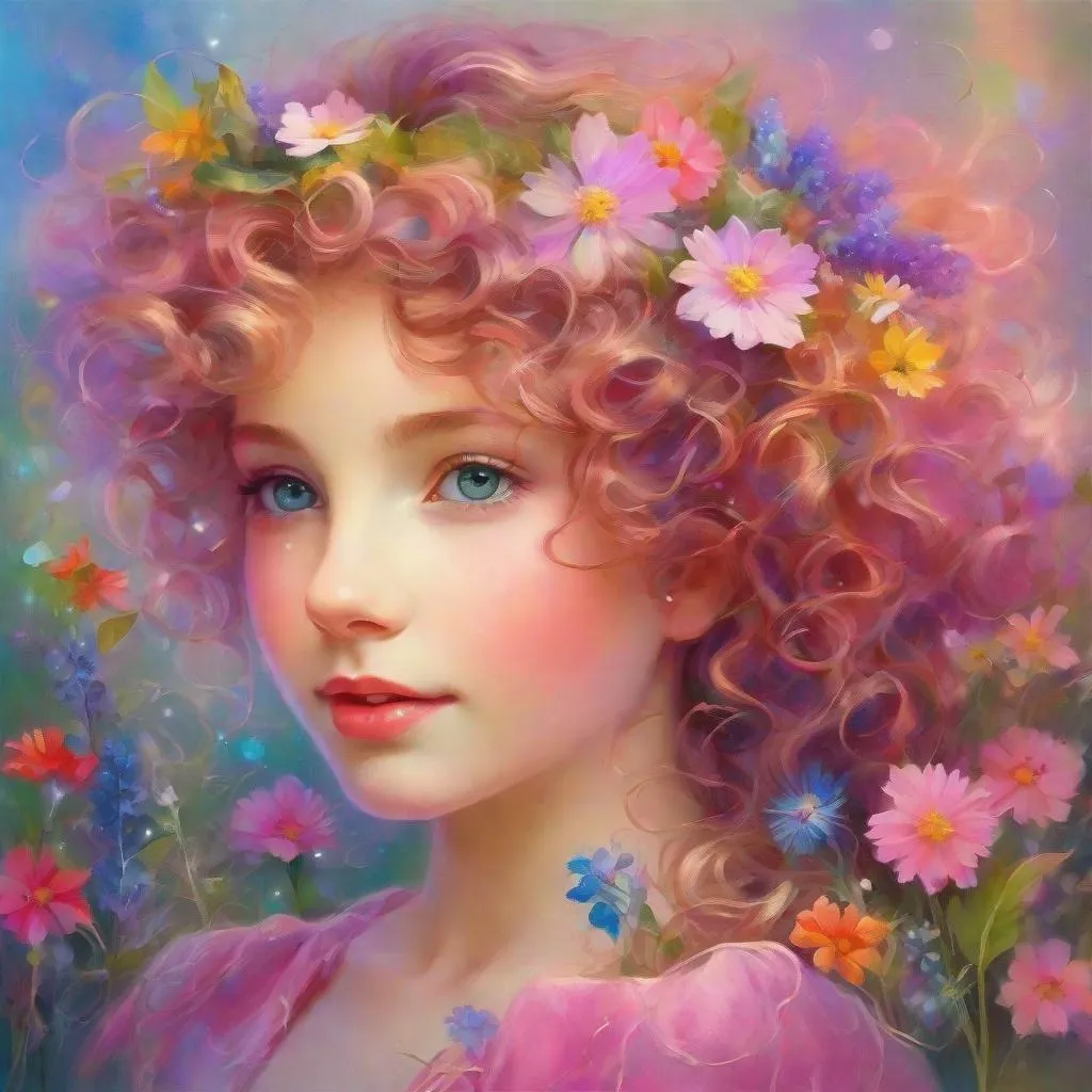 Prompt: a young fairy of spring,  lots of very curly hair, pink glow on cheeks, wildflowers, vivid colors, closeup