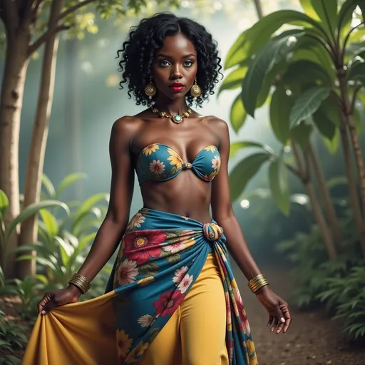 Prompt: Draped in vibrant fabrics adorned with floral patterns and golden embellishments, a striking figure stands confidently against a lush backdrop of tropical foliage. Her intricate jewelry gleams under soft, diffused light, highlighting her regal presence and the rich colors of her outfit, a fusion of blues and yellows that accentuate her stature. The scene is infused with a warm, dreamy quality, as hints of sunlight filter through the greenery, creating a serene yet vibrant atmosphere. With an intense gaze and poised posture, she embodies elegance and strength, conveying a narrative of cultural richness and natural beauty amid an enchanting, verdant setting.