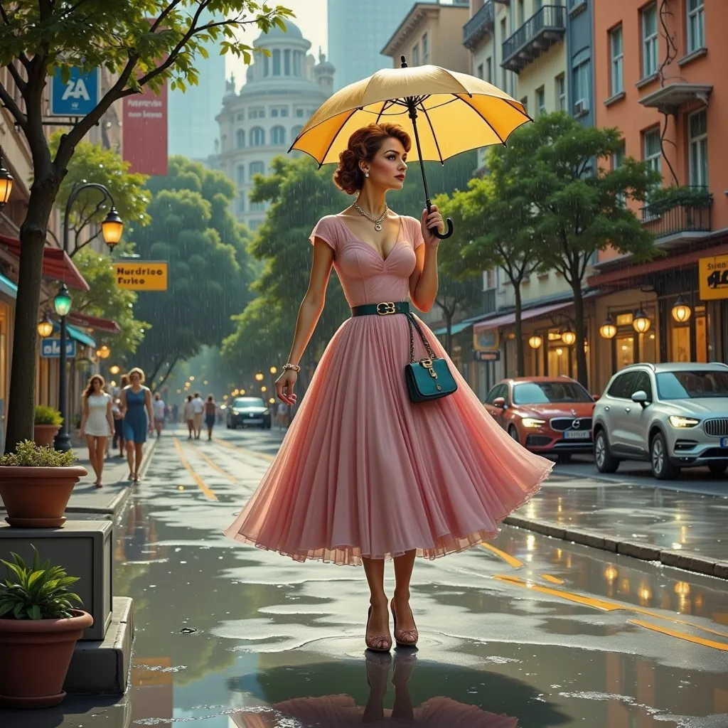 Prompt: A woman in stylish 50s clothes with an umbrella walking in the rain, serene ambiance, gentle rain drizzle, muted colors, soft grays and blues reflecting a calm mood, stylish flowing coat, relaxed expression, puddles glistening, atmospheric mist in the background, romantic and cozy setting, fluid movement capturing the motion of walking, ultra-detailed, 4K quality.