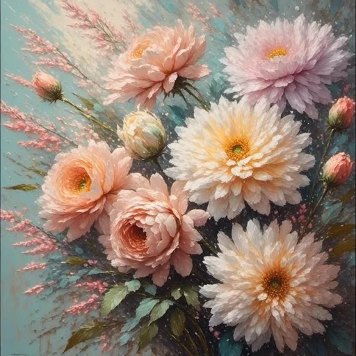 Prompt: <mymodel> Pastel-themed painting of flowers, oil painting, soft brush strokes, delicate petals, vibrant pastel colors, high quality, impressionism, soft color palette, natural lighting