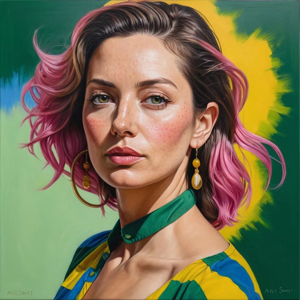 Prompt: <mymodel> a painting of a woman with a colorful shirt on and a green background with a blue sky and yellow and pink spot, Arie Smit, figurative art, realistic portrait, an oil on canvas painting