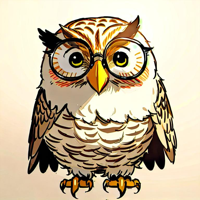 Prompt: Draw a simple logo of a happy, old owl with spectacles. 