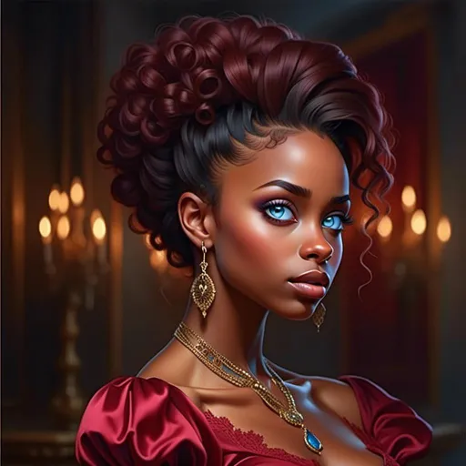 Prompt: <mymodel> Powerful Victorian woman with voluminous wine-red curly updo, elegant Victorian attire, detailed lace, regal posture, intricate jewelry, luxurious fabric, intense gaze, oil painting, high quality, Victorian era, regal, detailed hair, elegant, luxurious, intense gaze, detailed lace, oil painting, atmospheric lighting