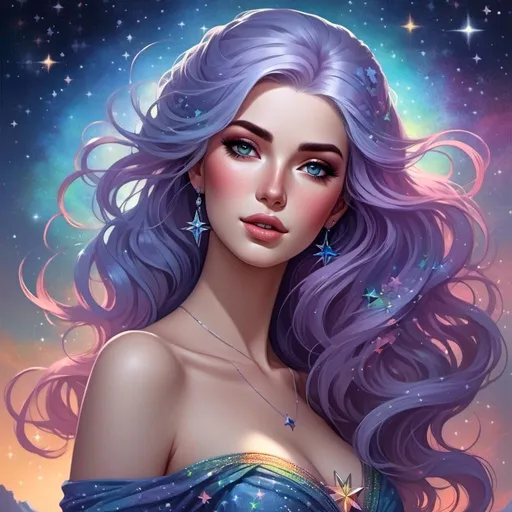 Prompt: <mymodel> a woman with colorful rainbow hair , blue eyes, and a rainbow dress on her body and a star background with stars and sparkles, Anne Stokes, fantasy art, highly detailed digital painting, a photorealistic painting