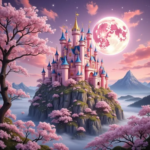 Prompt: Bathed in a soft, enchanting glow, a magnificent pink castle rises majestically atop a rocky outcrop, crowned with whimsical towers and spires that stretch toward the heavens. Surrounding the castle, delicate cherry blossoms bloom vibrantly against a backdrop of swirling pink and purple skies, hinting at twilight. A giant, luminous moon casts a serene light over the scene, accentuating the ethereal quality of the environment. In the distance, shadowy mountains loom, partially obscured by mist, creating a sense of depth and fantasy in this dreamlike landscape. The overall composition radiates a magical ambiance, inviting viewers to immerse themselves in a world of wonder and whimsy.