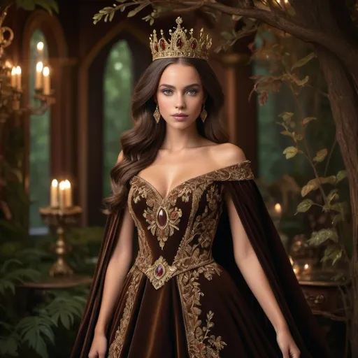 Prompt: Cocoa princess, rich chocolate tones, elegant gown with intricate details, regal crown adorned with gems, luxurious velvet cape, enchanting forest setting, warm and soft lighting, high quality, royal fantasy, detailed embroidery, majestic, opulent, graceful, royal, warm lighting