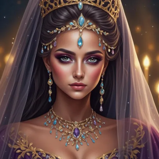 Prompt: <mymodel> a woman wearing a tiara and veil with a veil over her head and a veil over her head, Anne Stokes, fantasy art, highly detailed digital painting, a detailed painting