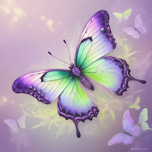 Prompt: lavender and lime green butterfly, vibrant colors, detailed wings with intricate patterns, ethereal and dreamy, high quality, digital painting, fantasy, magical lighting, delicate, whimsical, nature-inspired, soft focus, pastel tones, enchanting atmosphere