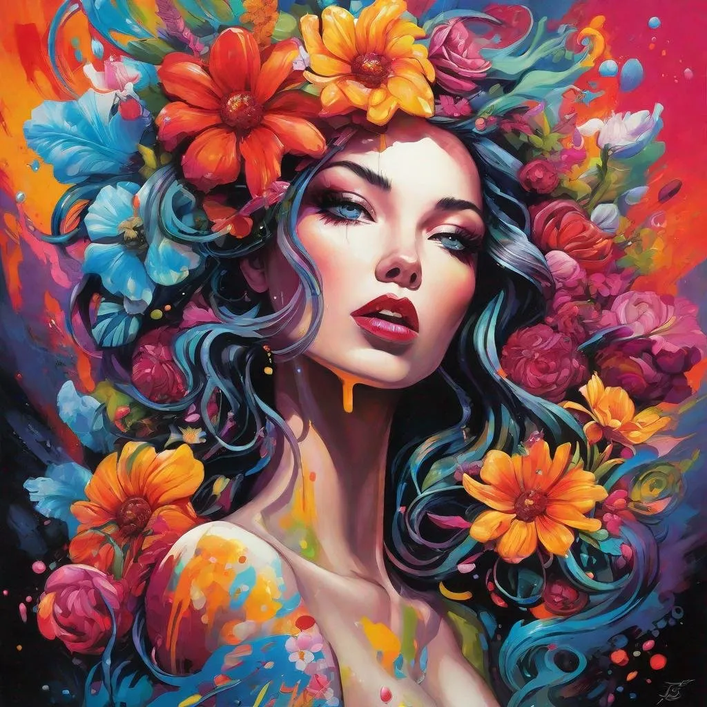 Prompt: Flower Siren graffiti art, splash art, street art, spray paint, oil gouache melting, acrylic, high contrast, colorful polychromatic, ultra detailed, ultra quality, CGSociety