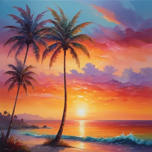 Prompt: Vibrant sunset in rainbow colors, oil painting, calm ocean waves, palm trees silhouetted against the horizon, high quality, impressionism, warm tones, soft and dreamy lighting