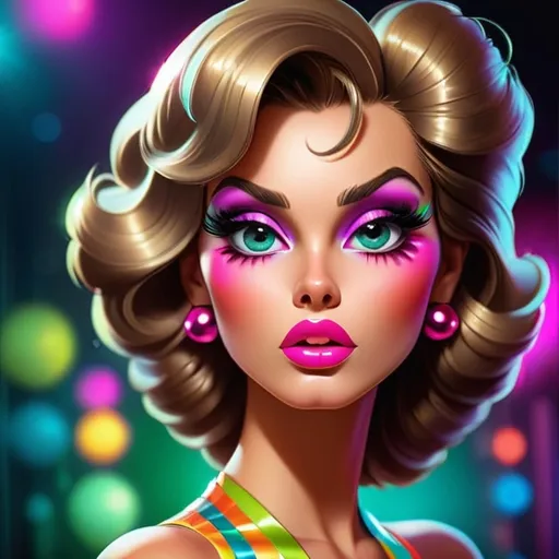 Prompt: Cartoon-style closeup of an 80s disco lady, vibrant and lively, glossy lips, bright eyeshadow, exaggerated lashes, retro hairstyle, disco ball reflection in eyes, neon colors, vibrant disco atmosphere, high quality, cartoon, 80s, disco, lively colors, retro, exaggerated features, glossy lips, bright eyeshadow, retro hairstyle, disco ball reflection, neon colors, vibrant atmosphere