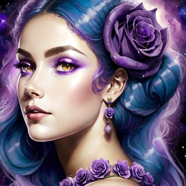 Prompt: Cosmic Epic Beauty, Beautiful and Gorgeous, purple roses in hair