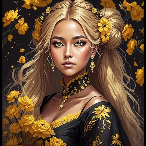 Prompt: <mymodel>High-resolution digital painting of a graceful woman, vibrant yellow flower field, realistic and detailed floral elements, soft and warm sunlight, flowing elegant dress, detailed facial features with a gentle expression, professional digital painting, realistic, detailed flowers, graceful posture, warm and soft lighting, best quality, highres, ultra-detailed, digital painting, realistic, warm tones, elegant