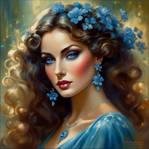 Prompt: <mymodel>beautiful woman, ethereal,dreamscape,, pale blue colors, flowers, closeup