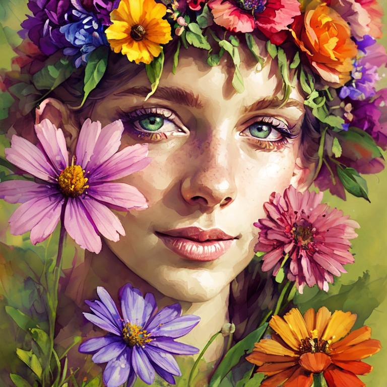 Prompt: a fairy of spring, ,wildflowers, vivid colors,  facial closeup