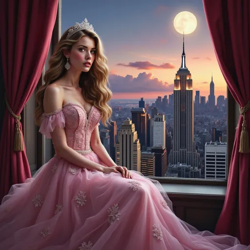 Prompt: Bathed in the soft glow of twilight, a young woman in a stunning pink gown adorned with delicate ruffles and intricate embellishments gazes pensively out a grand window. Her long, flowing hair cascades elegantly over her shoulders, complemented by a sparkling tiara that crowns her head. Behind her, the iconic skyline of the city stretches out, highlighted by the shimmering lights of skyscrapers, including the Empire State Building standing majestically. The sky is an enchanting blend of orange and purple hues, with a luminous full moon casting a gentle light over the scene, while rich red curtains frame the view, enhancing the sense of opulence and drama. This moment encapsulates a sense of dreaming and reflection, as if she is both part of the vibrant city below and lost in her own thoughts.