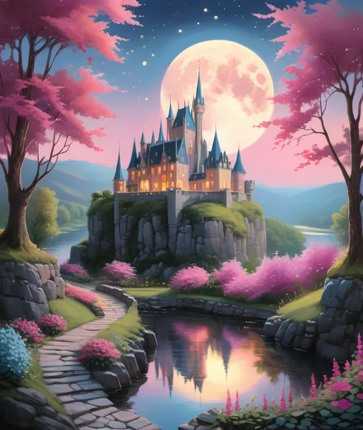Prompt: Bathed in a soft twilight glow, a majestic castle with towering spires and whimsical architecture perches atop a rocky outcrop, surrounded by vibrant pink foliage and delicate flowers. The enchanting scene is illuminated by a full moon that hangs in a star-studded sky, casting a serene light over the gently flowing river below. A winding stone pathway leads from the castle to the water's edge, flanked by ornate lampposts that add a warm, welcoming ambiance. In the distance, gently rolling hills create a tranquil backdrop, enhancing the dreamy, fairy-tale quality of this picturesque landscape, where every element converges to evoke a sense of wonder and magic.
